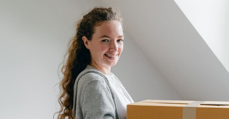 Attic Home - Side view of cheerful female in cardigan with wavy hair holding big cardboard box and looking at camera in attic style living room