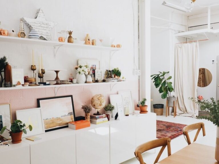 Attic Home - white wooden shelf and decors